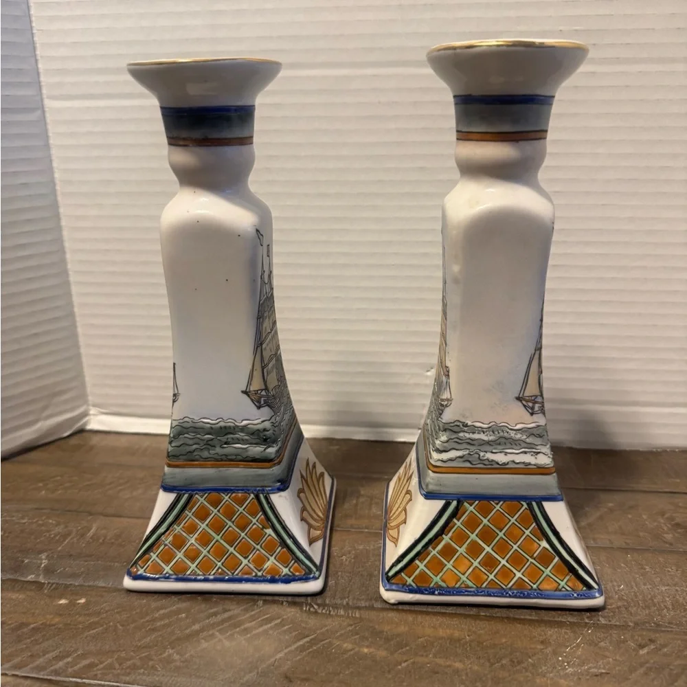 Vintage Nautical Themed Ceramic Candle Holders - White and Gold